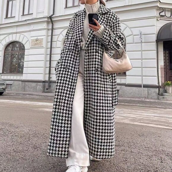 Black And White Elegant Women's houndstooth belted long Coat jacket - Picture 3 of 6